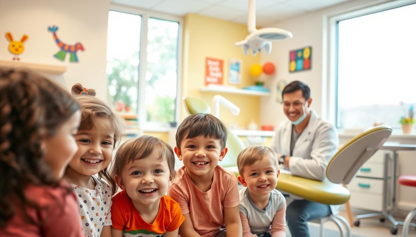 新竹兒童牙齒矯正推薦:張瀞文醫師 A bright, modern children's dental clinic with a warm, inviting atmosphere. The foreground features a group of smiling children receiving dental care from a friendly, attentive dentist. The middle ground showcases colorful, kid-friendly decor and equipment, including a child-sized dental chair and playful artwork on the walls. The background depicts a large window that fills the space with natural light, creating a sense of openness and comfort. The overall scene conveys a sense of professionalism, care, and a focus on making the dental experience positive for young patients.