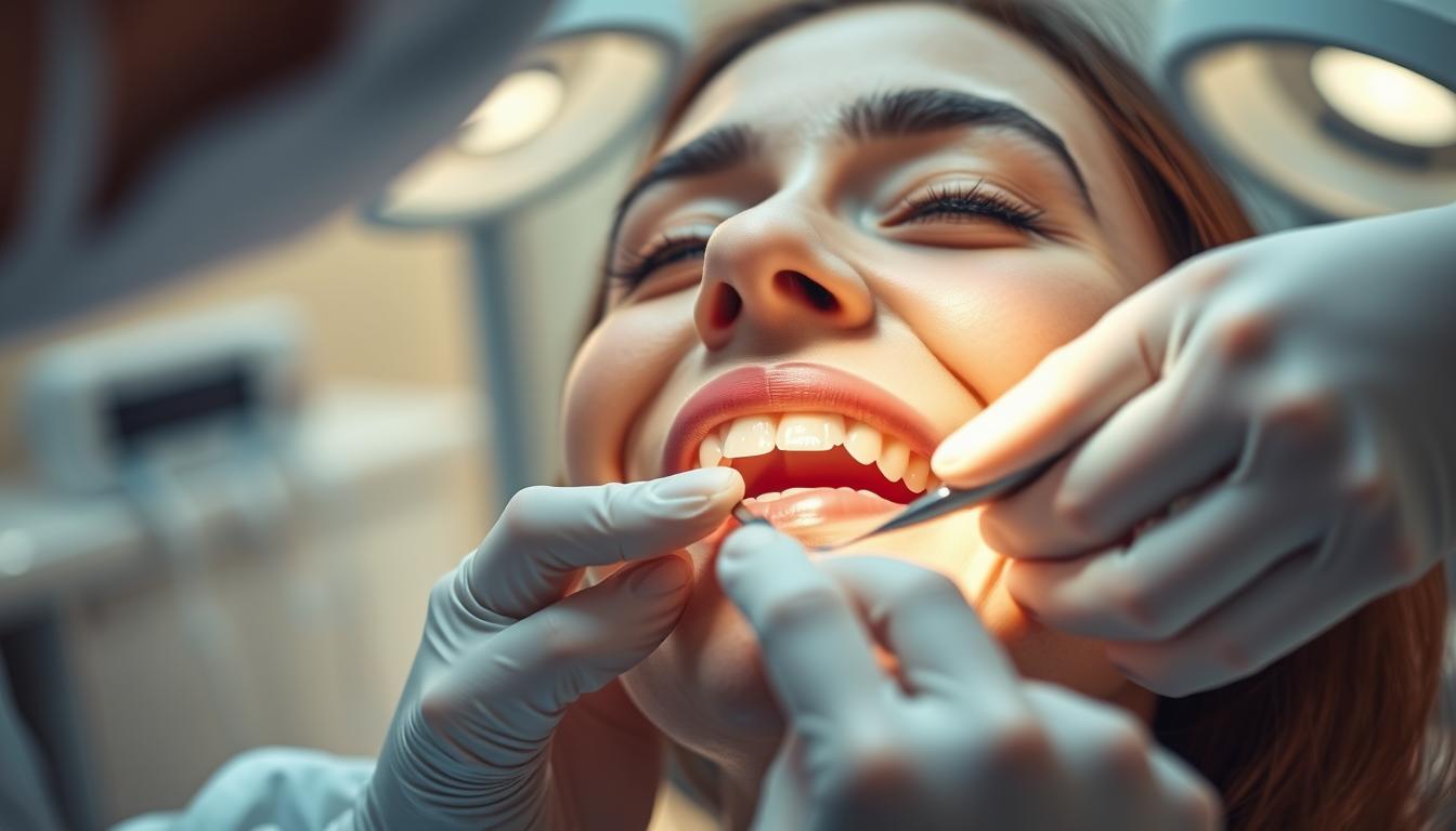 牙周病會好嗎?自己治好了牙周病?矯正牙齒改善牙周病 A tranquil, softly lit dental clinic interior, with a close-up view of a patient's mouth undergoing a gentle periodontal treatment. The scene conveys a sense of care and professionalism, with the dentist's hands delicately manipulating dental instruments against a backdrop of soothing, neutral-toned medical equipment. The lighting is warm and diffused, creating a calming atmosphere. The patient's expression is one of trust and comfort, reflecting the expertise and empathy of the dental staff. The overall composition emphasizes the technical aspects of the treatment while also conveying the human element of patient-centered care.