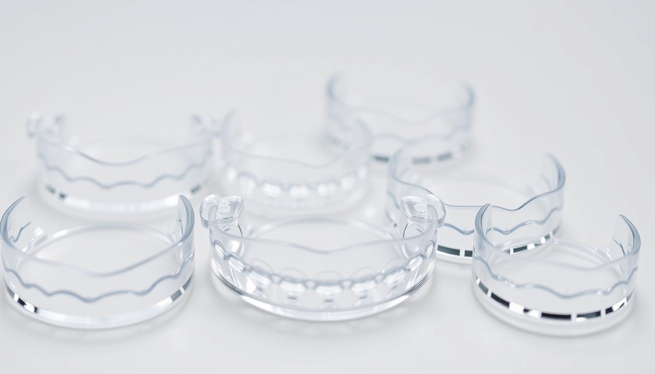 新竹隱適美ptt 張瀞文醫師專業矯正服務 A well-lit, high-quality close-up shot of various transparent orthodontic aligners, showcasing their discreet and inconspicuous appearance. The aligners are arranged in a neat, organized manner, highlighting their sleek, custom-fit design. The background is a clean, minimalist white or light-colored surface, allowing the aligners to be the focal point. The lighting is soft and diffused, creating subtle shadows that accentuate the aligners' transparent and seamless integration with the teeth. The angle is slightly elevated, providing a slightly downward perspective that conveys the unobtrusive and comfortable nature of these invisible orthodontic solutions.