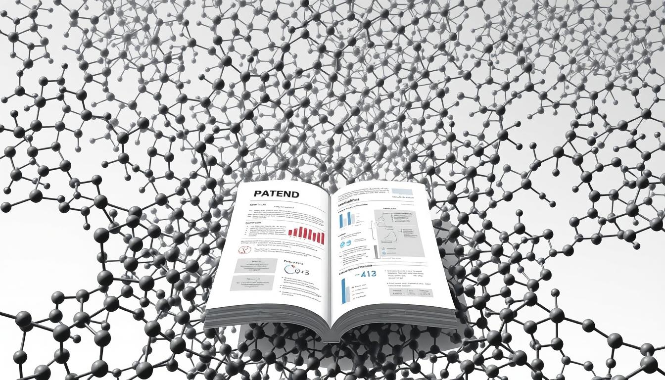 A high-resolution, detailed illustration depicting the graphene patent landscape. In the foreground, a dense network of interlocking graphene molecular structures in shades of gray, representing the intricate web of intellectual property rights. The midground features a stylized patent document, its pages unfurling to reveal data visualizations of patent filing trends, key players, and technological focus areas. The background is a subtle gradient, evoking a sense of scientific inquiry and technological progress. The overall composition conveys the dynamic and complex nature of the graphene innovation ecosystem, emphasizing the importance of understanding its patent landscape for industry development.