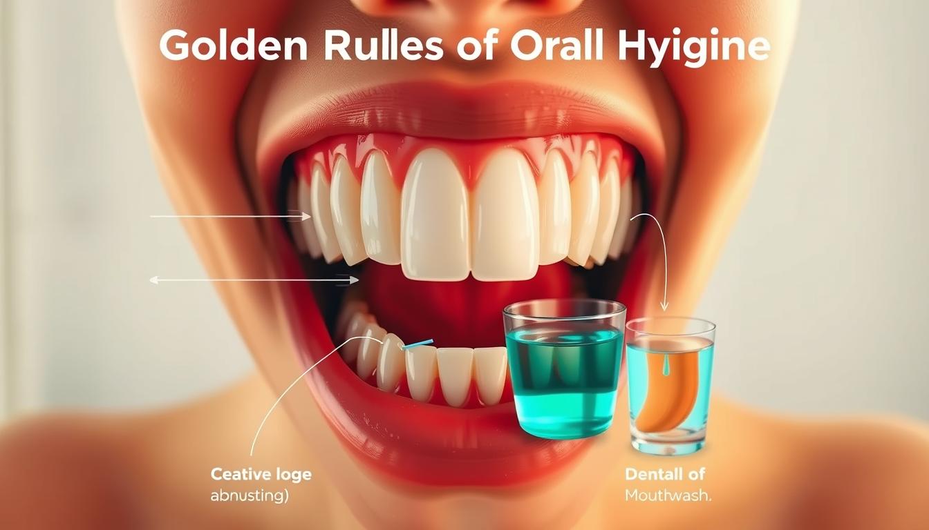 了解牙齦發炎喉嚨痛:成因、症狀、治療與日常護理 A detailed illustration of the "Golden Rules of Oral Hygiene" showing a close-up view of a person's mouth. The scene is captured in soft, natural lighting, creating a warm and inviting atmosphere. The foreground features a set of healthy teeth and gums, highlighting the key elements of proper dental care: gentle brushing, flossing, and the use of mouthwash. The middle ground showcases various oral hygiene tools, including a toothbrush, dental floss, and a cup of mouthwash, all arranged in a visually appealing manner. The background subtly blends into a serene, minimalist setting, allowing the focus to remain on the central dental care demonstration. The overall composition conveys a sense of simplicity, cleanliness, and the importance of maintaining good oral health through daily routines.