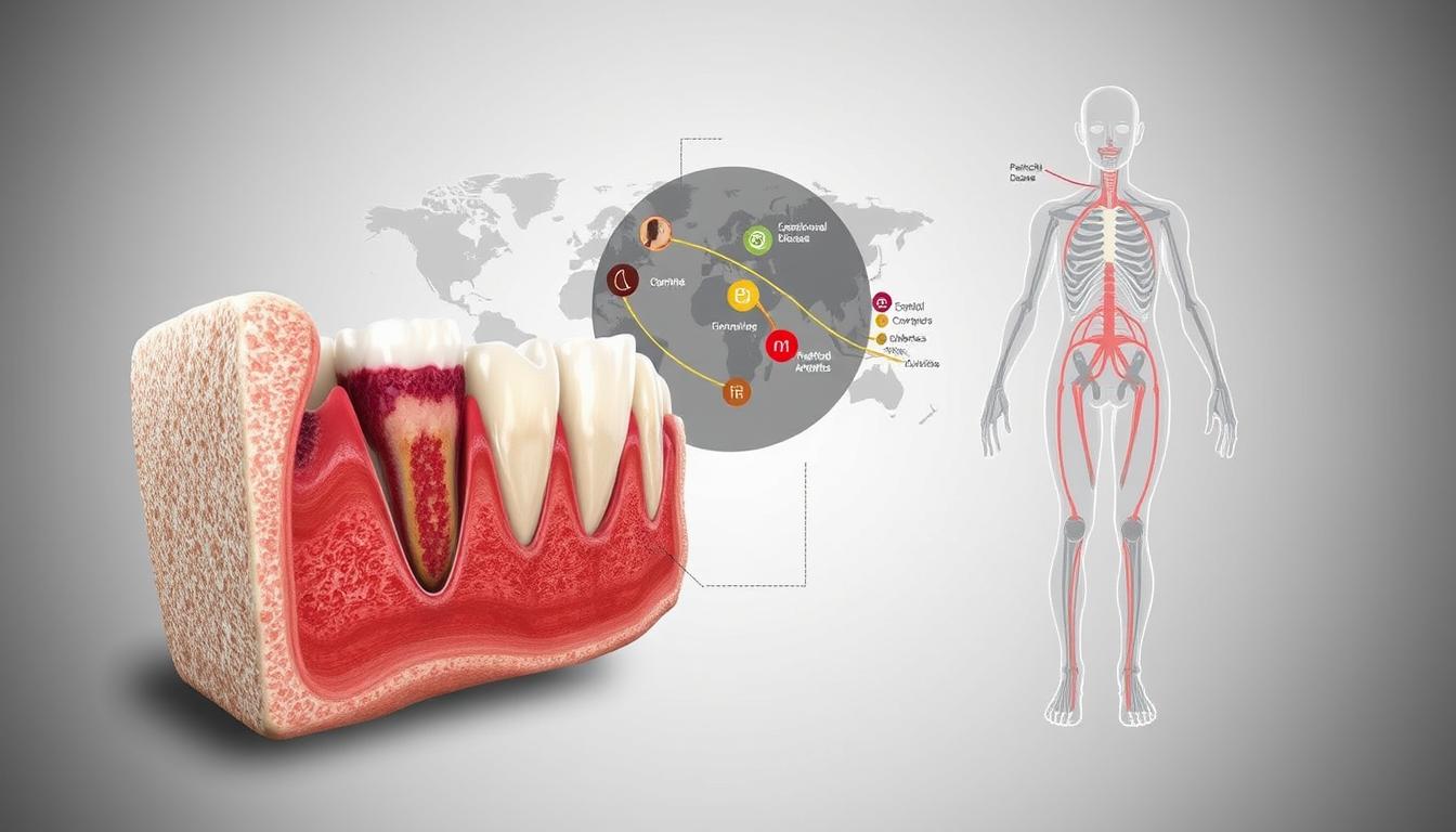 牙周病會好嗎?自己治好了牙周病?矯正牙齒改善牙周病 A detailed anatomical illustration of the systemic health effects of periodontal disease. In the foreground, a cross-section of the gums and jawbone, revealing the progression of gum inflammation and bone loss. In the middle ground, a global map highlighting the links between periodontal disease and various comorbidities, such as cardiovascular disease, diabetes, and rheumatoid arthritis. In the background, a minimalist anatomical diagram of the human body, with key organ systems and blood vessels subtly emphasized to convey the far-reaching consequences of poor oral health. The overall mood is one of scientific precision and educational clarity, utilizing a muted color palette and clean, technical rendering style to emphasize the seriousness of the subject matter.