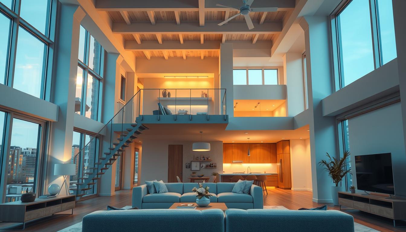 A well-lit, meticulously detailed architectural rendering of a modern multi-level loft design. The foreground showcases a sleek, open-concept living space with high ceilings, large windows, and a minimalist aesthetic. In the middle ground, a floating staircase leads to an upper level containing a cozy, sun-drenched study area. The background reveals an expansive, airy kitchen and dining room, seamlessly integrated into the overall layout. Subtle textures, clean lines, and a neutral color palette evoke a sense of sophistication and functionality. Lighting is warm and natural, casting a soft glow throughout the space. The overall impression is one of thoughtful, innovative design that maximizes space and creates a harmonious, comfortable living environment.
