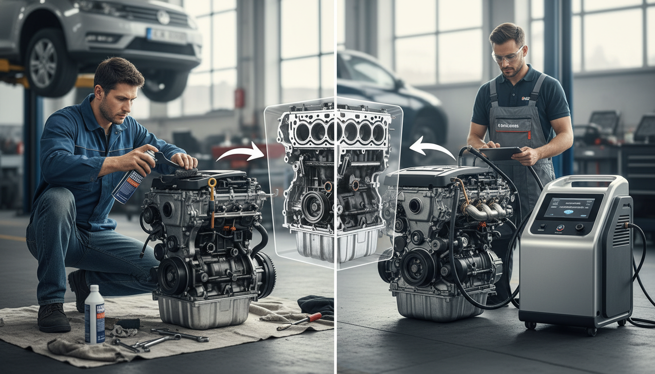 A dynamic comparison image of engine carbon cleaning methods. In the foreground, two distinct methods are illustrated side by side: one featuring a DIY approach with a mechanic in modest casual clothing, using tools and products on an engine, and the other showing a professional technician in business attire performing a thorough cleaning using specialized equipment. The middle ground showcases a clean engine undergoing maintenance, with visible carbon deposits in focus. In the background, blurred car repair shop elements enhance the automotive theme. Utilize bright and natural lighting to create a clear and informative atmosphere, with a slightly elevated angle to capture the details effectively. The overall mood is one of professionalism and technical expertise, emphasizing the importance of engine maintenance.