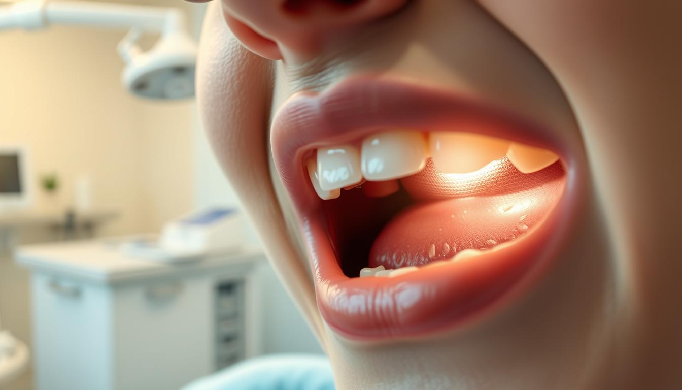 了解牙周翻瓣手術會痛嗎?我們的專業解答 A person's mouth, gently parted, revealing a surgical incision along the gumline, delicately covered in sterile gauze. The patient's face is partially obscured, conveying a sense of vulnerability and the need for care. In the background, a clean, clinical environment with medical equipment and supplies, suggesting a dental office or hospital setting. Soft, diffused lighting casts a warm, soothing glow, creating an atmosphere of healing and recovery. The image should evoke a sense of the patient's post-operative experience and the importance of proper aftercare following a periodontal flap surgery.