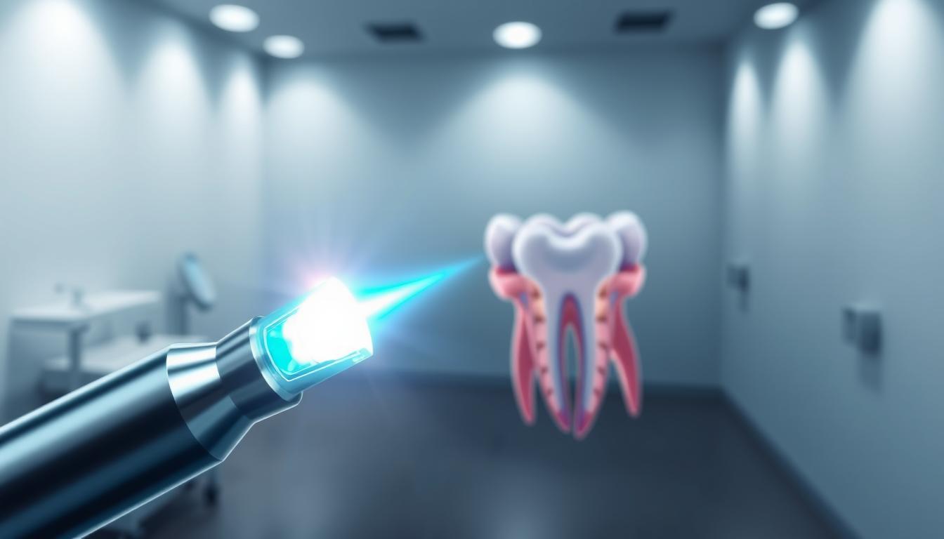 什麼是水雷射?我們為您介紹其在牙科治療中的應用與特色 A vibrant and futuristic image showcasing the distinctive features of water laser technology. In the foreground, a sleek, metallic dental instrument emits a striking blue-green beam of concentrated light, symbolizing the precision and power of the water laser. The middle ground features an array of intricate anatomical structures, hinting at the technology's versatility in dental procedures. The background depicts a serene, minimalist setting with subtle lighting, creating a sense of clinical sophistication. The overall composition conveys the advanced, cutting-edge nature of water laser dentistry and its remarkable advantages.