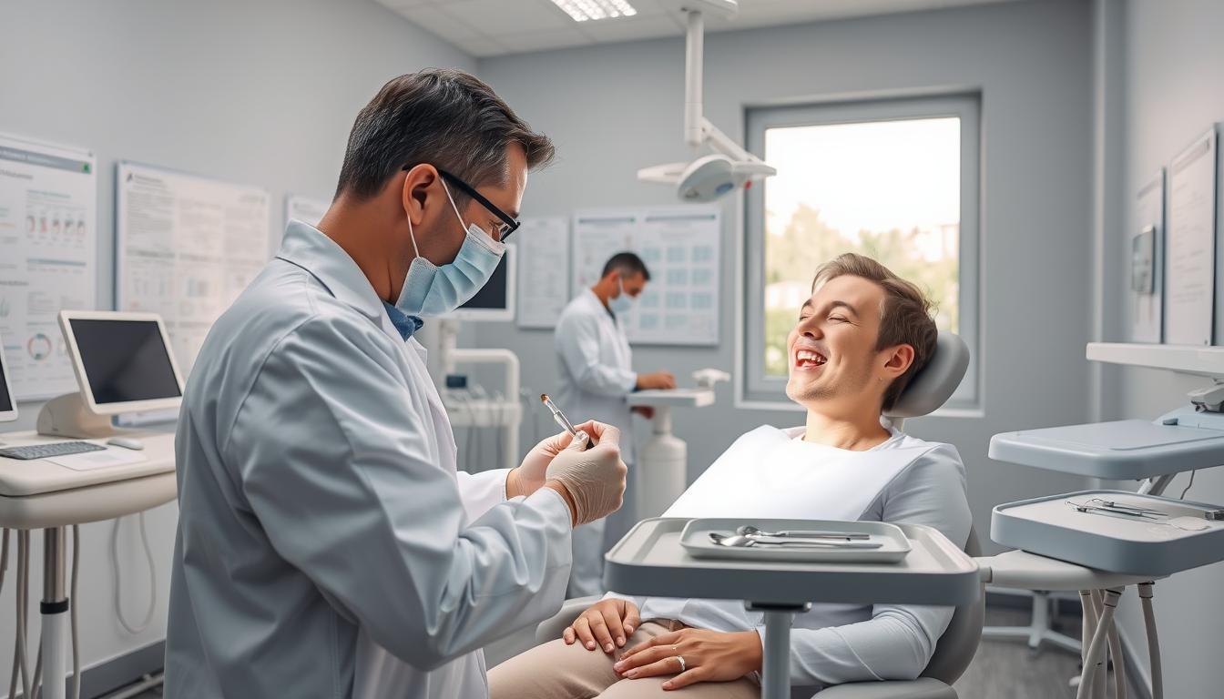 牙周病會好嗎?自己治好了牙周病?矯正牙齒改善牙周病 A modern dental clinic with a serene, clinical atmosphere. In the foreground, a dentist in a white coat examines a patient's teeth using a dental mirror and probe. The patient sits in a comfortable, reclined chair. Behind them, a dental assistant prepares instruments on a tray, while a large window in the background bathes the room in soft, natural lighting. Various medical equipment and informational charts are visible, conveying a sense of professionalism and expertise. The overall scene illustrates the step-by-step process of modern periodontal treatment, from initial examination to preparation for the necessary procedures.