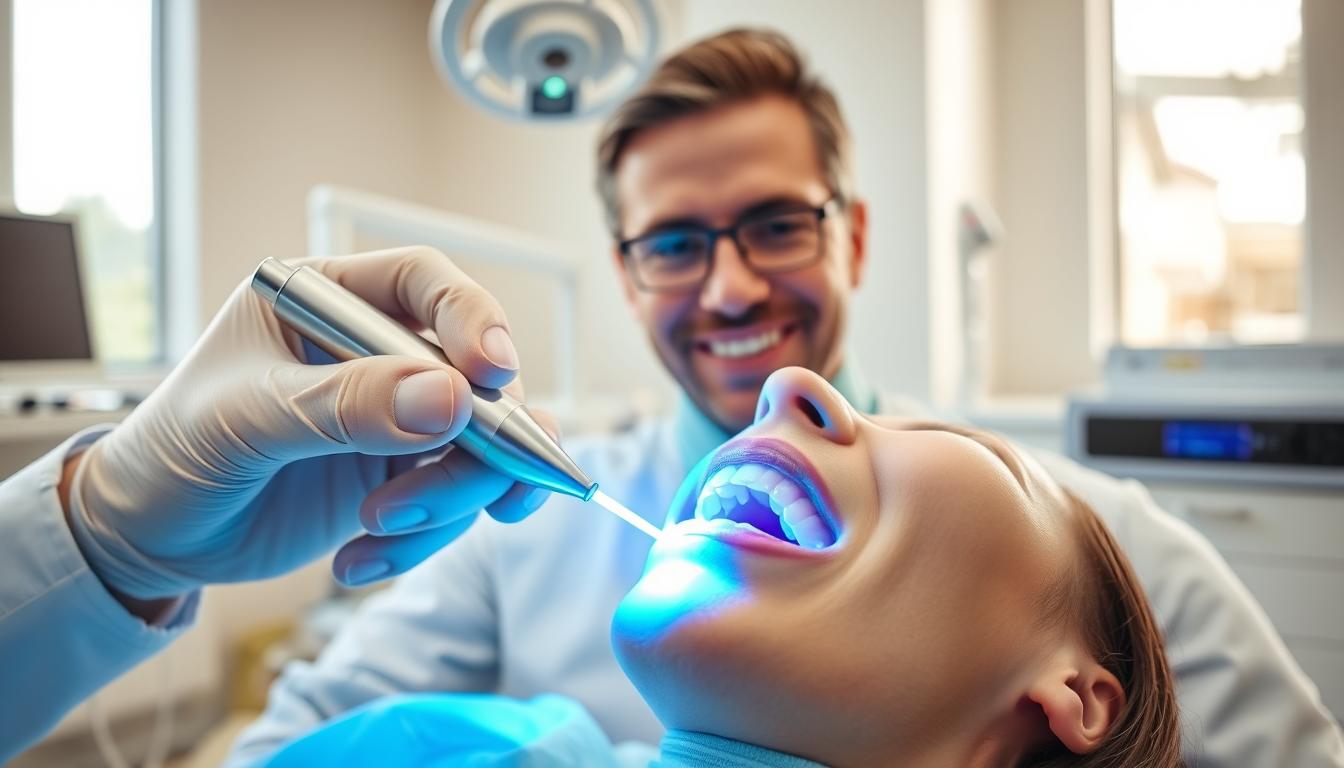 什麼是水雷射?我們為您介紹其在牙科治療中的應用與特色 A clinical dental office setting, well-lit with natural light filtering through large windows. In the foreground, a dentist's hand carefully manipulates a sleek, modern dental handpiece, the blue-green glow of a water laser emanating from its tip as it gently removes tooth enamel. The middle ground showcases a patient's open mouth, the laser beam precisely targeting a specific area, with the dentist's face in focus, expressing deep concentration. The background features state-of-the-art dental equipment, clean surfaces, and a calming, professional atmosphere, conveying the advanced technology and expertise used in this water laser dental treatment.