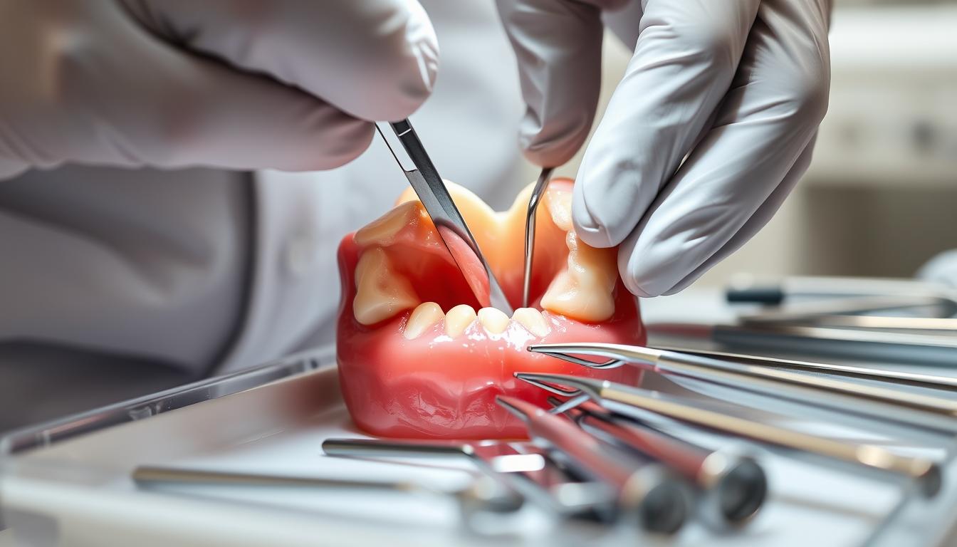 了解牙周翻瓣手術會痛嗎?我們的專業解答 A close-up view of a detailed dental procedure, showing a meticulous surgical process with delicate precision. The foreground depicts a dentist's gloved hands carefully lifting a gum flap, exposing the underlying bone structure. The middle ground reveals the intricate tools used, such as dental mirrors, probes, and scalpels, arranged neatly on a sterile tray. The background is softly blurred, conveying a sense of clinical focus and concentration. The lighting is bright and even, accentuating the intricate details of the procedure. The overall tone is one of technical proficiency and medical expertise, captured in a visually striking and informative manner.