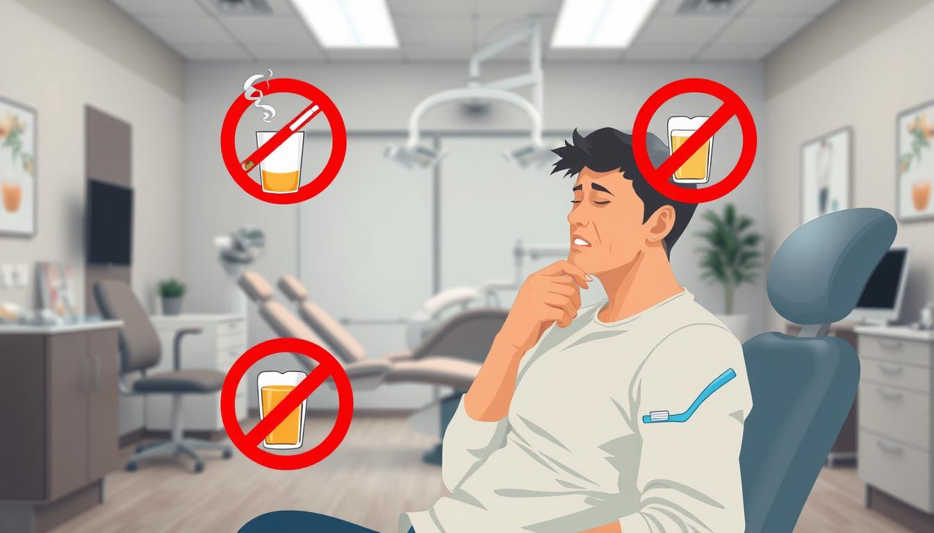 植牙後多久可以抽菸?術後恢復與注意事項 A high-resolution digital illustration of prohibited behaviors after dental implant surgery. In the foreground, a person sitting in a chair, clutching their jaw in pain. Surrounding them, visual icons representing forbidden activities - a smoking cigarette, a glass of alcohol, a straw, and a toothbrush. The middle ground depicts a dental clinic interior with modern equipment and furnishings, conveying a professional medical environment. The background features a muted, calming color palette to create a sense of tranquility and recovery. Bright, diffused lighting illuminates the scene, emphasizing the importance of post-operative care and precautions. The overall mood is one of caution and medical guidance, designed to educate and inform the viewer.