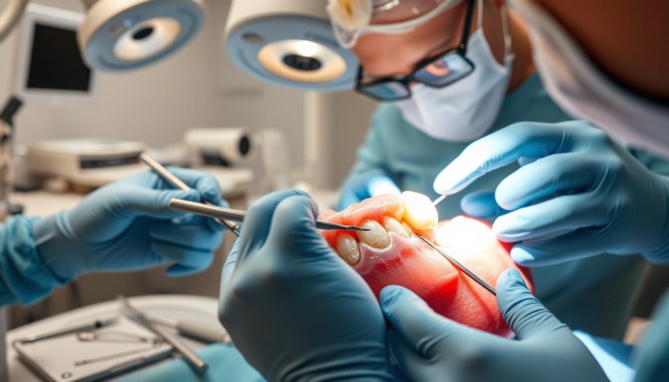 牙周翻瓣手術恢復期指南:我們的專業建議與康復計劃 A detailed surgical scene of a periodontal flap surgery, showcasing the step-by-step process. In the foreground, a skilled dental surgeon carefully manipulates the gum tissue with delicate instruments, exposing the underlying bone structure. The middle ground reveals the intricate tools and materials used during the procedure, conveyed with a sense of medical precision. The background depicts the surrounding dental operatory, with crisp lighting, clean surfaces, and a serene, professional atmosphere. The image should convey the technical complexity and meticulous nature of this specialized dental treatment, while maintaining a sense of clinical calm and focus.