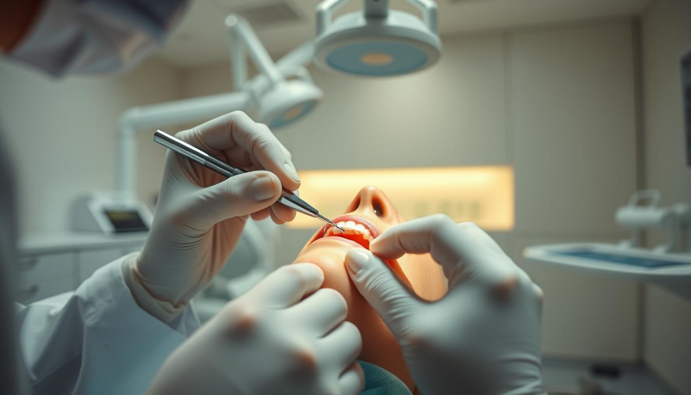 嚴重牙周病的後果與我們的治療專長 - 張瀞文醫師 A meticulous dental procedure in a serene, clinical setting. In the foreground, a dentist's skilled hands performing a delicate scaling and root planing procedure on a patient's gums, utilizing state-of-the-art micro-instruments. The middle ground features a partially visible dental chair and equipment, conveying a sense of professionalism and medical expertise. The background is a softly lit, pristine dental office interior, with clean lines and soothing pastel tones, creating a calming atmosphere. Illumination is provided by subtle, diffused lighting, casting gentle shadows and highlighting the precision of the treatment. The overall scene emphasizes the modern, minimally invasive approach to periodontal care, reflecting the latest advancements in the field.