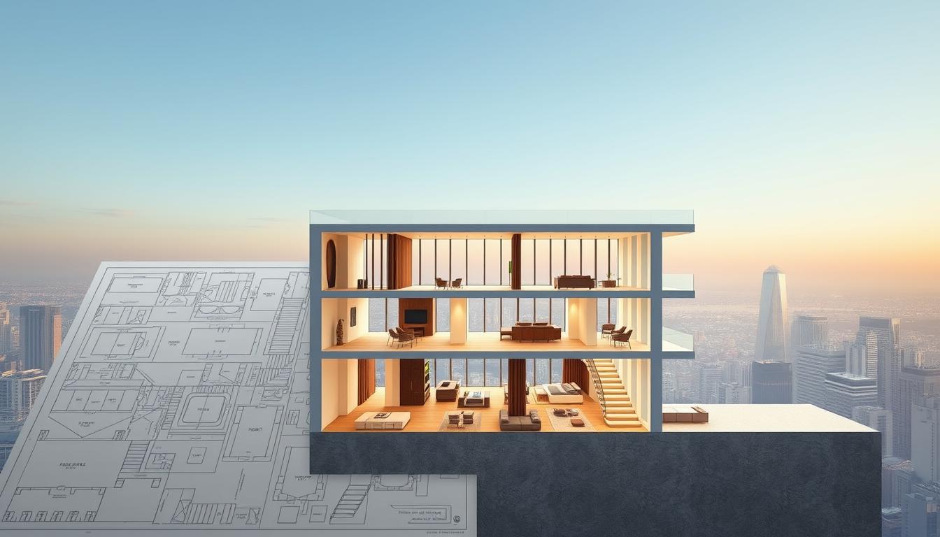 A well-lit, meticulously detailed architectural cross-section showcasing the intricate design process of a luxurious multi-level penthouse. The foreground displays a comprehensive layout plan with precise measurements and annotated design elements. The middle ground features a 3D rendering of the penthouse, highlighting the seamless integration of the upper and lower levels, complete with elegant staircases, expansive windows, and sophisticated furnishings. The background depicts a serene urban skyline, providing context and a sense of scale. The overall composition conveys a harmonious blend of functionality, aesthetics, and the expertise of the