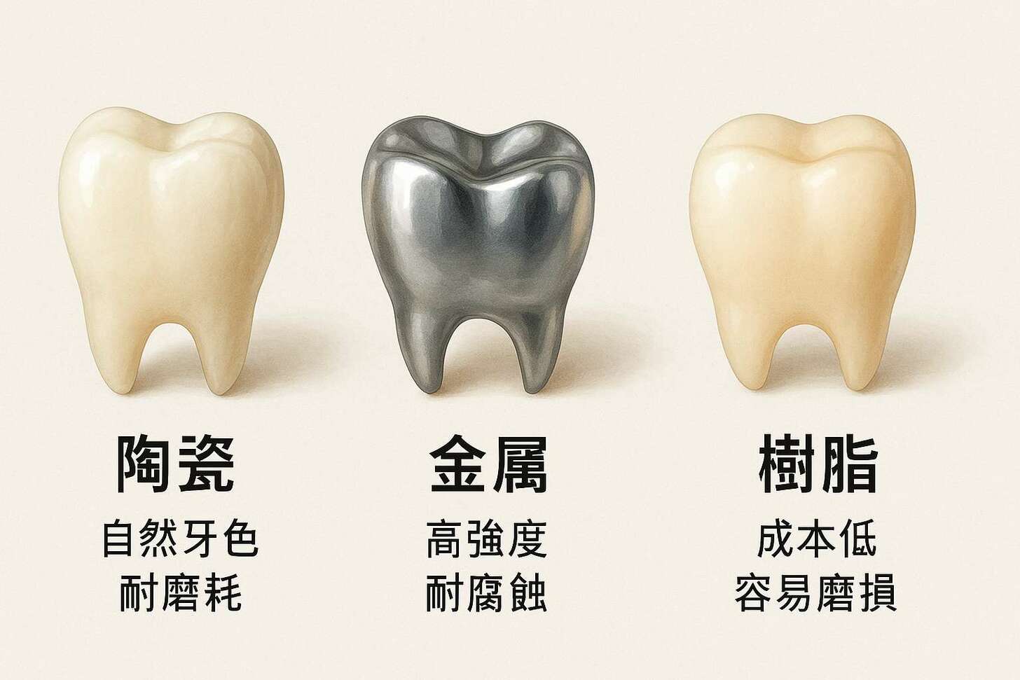 陶瓷、金屬、樹脂假牙材質怎麼選?3分鐘搞懂優缺點與適合族群 常見假牙材質比較