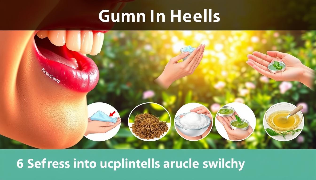 了解牙齦發炎喉嚨痛:成因、症狀、治療與日常護理 A detailed illustration depicting six soothing techniques to alleviate inflamed and swollen gums. The foreground features a close-up view of a person's mouth, with the gums prominently displayed. Soft, warm lighting accentuates the texture and color of the irritated gums. In the middle ground, various hands are shown demonstrating gentle massage, cold compress application, and herbal paste application. The background showcases a serene, natural environment, such as a lush garden, to convey a calming atmosphere. The overall composition is well-balanced, with a focus on the practical steps for gum pain relief, presented in a visually appealing and informative manner.