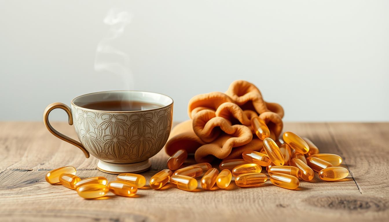 A meticulously crafted still life featuring a beautifully presented array of Ganoderma lucidum supplements. In the foreground, an elegant ceramic teacup filled with a rich, earthy-hued beverage, its steam gently rising. Beside it, an opulent arrangement of plump, golden-hued Ganoderma lucidum capsules, their translucent shells catching the soft, warm light. The middle ground showcases a textured wooden table, its grain and patina lending a sense of timeless craftsmanship. In the background, a subtle, refined backdrop accentuates the natural tones and textures, creating a serene, contemplative atmosphere. The overall composition exudes a sense of balance, quality, and the distinct essence of traditional Taiwanese herbal remedies.