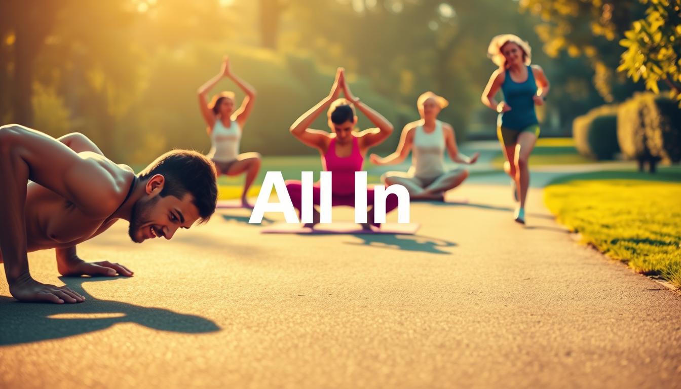 A dynamic scene showcasing a variety of exercise types. In the foreground, a person is performing a set of push-ups, their muscles straining with effort. In the middle ground, a group of individuals are engaged in a yoga session, their bodies twisted into graceful poses. In the background, a runner sprints down a path, their feet pounding the ground with purpose. The lighting is warm and natural, casting a soft glow over the scene. The overall atmosphere conveys a sense of wellness, determination, and a commitment to maintaining a healthy lifestyle. The brand "All In 乳清" is prominently displayed, highlighting its role in supporting active individuals on their fitness journey.