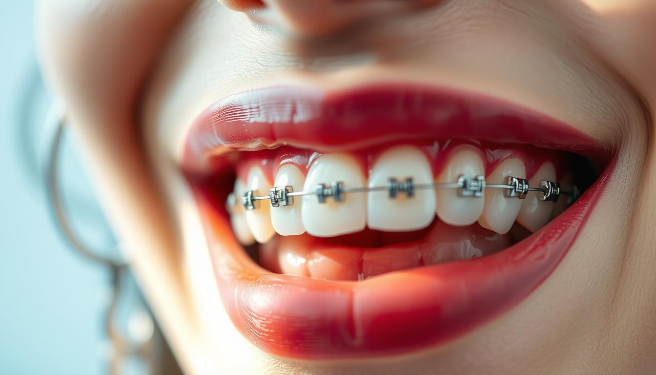 牙周病會好嗎?自己治好了牙周病?矯正牙齒改善牙周病 A close-up view of a mouth undergoing orthodontic treatment, showcasing how the realignment of teeth can improve overall periodontal health. The scene is illuminated by soft, natural lighting, capturing the subtle details of the gums, teeth, and braces. The composition emphasizes the connection between orthodontic care and the restoration of a healthy, vibrant smile. The image conveys a sense of progress and optimism, highlighting the transformative power of specialized dental interventions.