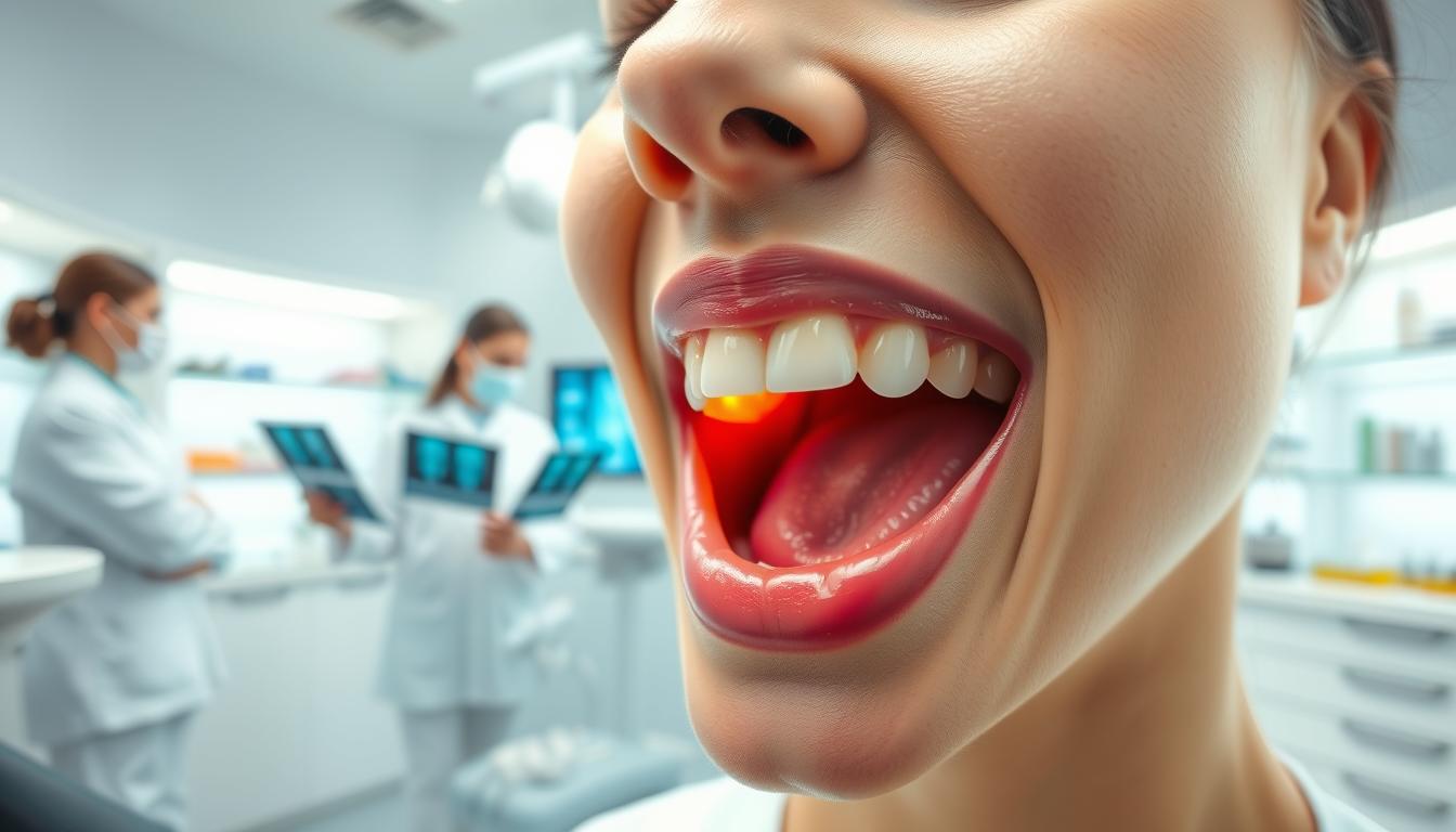 牙周病牙齦萎縮的診斷、治療與預防:我們的專業牙醫團隊為您服務 A serene, well-lit dental clinic interior. In the foreground, a patient's mouth, gums glowing with healthy, pink tissue. Behind, a team of dental professionals in pristine white uniforms, examining x-rays and discussing preventative care. Overhead, bright, diffused lighting casts a soothing, professional ambiance. In the background, shelves of dental tools and supplies, conveying a sense of medical expertise. The composition emphasizes the importance of proactive gum health, with the patient's mouth as the focal point, surrounded by the attentive care of the dental team.