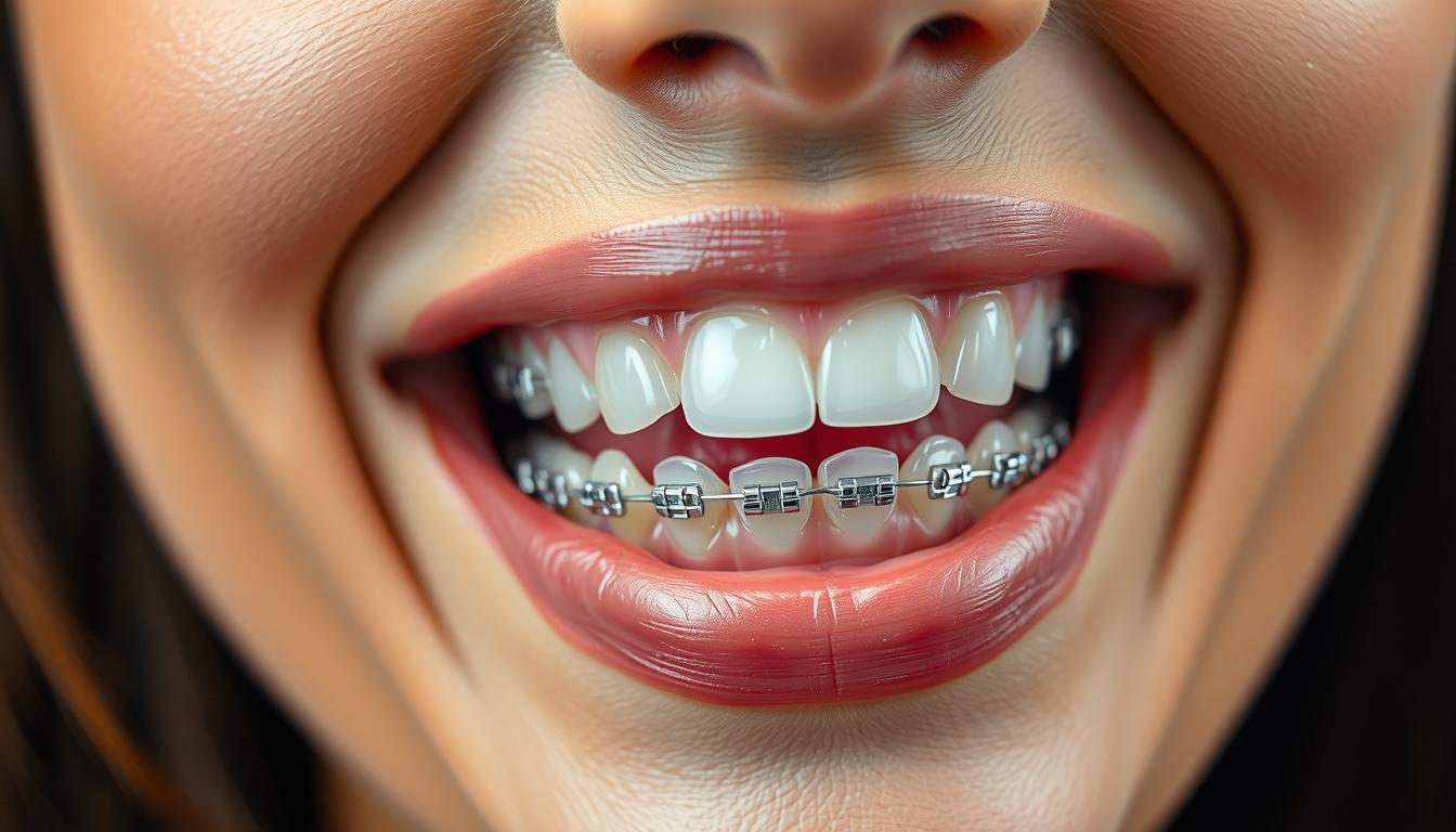 竹北牙醫推薦 - 張瀞文牙醫師專業牙科服務 A close-up view of a woman's mouth, showcasing the intricate details of her invisible braces. The lighting is soft and diffused, creating a warm, clinical atmosphere. The focus is sharp on the teeth, highlighting the subtle metal wires and clear aligners blending seamlessly with the natural dentition. The background is slightly blurred, drawing the viewer's attention to the central subject. The image conveys a sense of professionalism, expertise, and the advanced dental technology used in the specialized "invisible orthodontic" treatment.