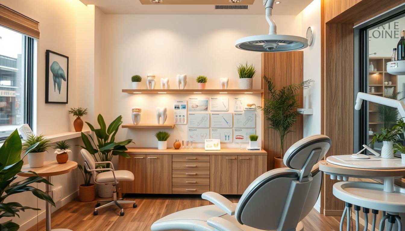 新竹牙周病治療推薦-張瀞文醫師專業診療 A serene dental clinic interior, with clean lines, warm lighting, and a calming atmosphere. In the foreground, a dental chair with modern equipment, conveying a sense of professionalism and care. In the middle ground, a display of dental models, diagrams, and educational materials, showcasing the clinic's focus on patient education and personalized treatment. The background features soothing natural elements, such as potted plants and natural wood accents, creating a welcoming and relaxing environment. The overall composition reflects a holistic approach to dental care, emphasizing the clinic's commitment to patient well-being and the doctor's professional expertise.