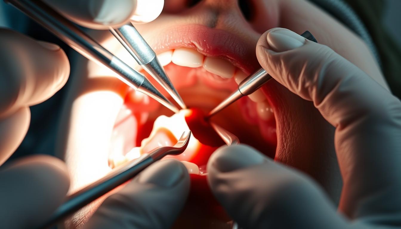 了解牙周翻瓣手術會痛嗎?我們的專業解答 A close-up view of a surgical scene, depicting a dentist's hands performing a delicate periodontal flap surgery. The patient's mouth is open, revealing the gum tissue being carefully manipulated with dental instruments. The lighting is bright and focused, highlighting the intricate details of the procedure. The background is blurred, keeping the attention on the surgery itself. The overall mood is one of medical professionalism and attention to detail, conveying the seriousness and potential discomfort of the procedure.