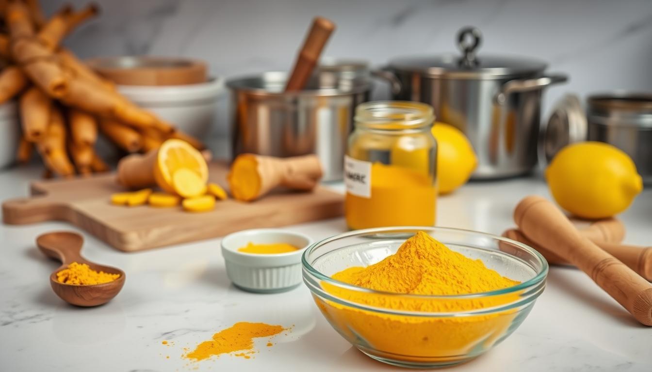 A well-lit, high-resolution photograph of a countertop displaying various kitchen tools and ingredients. In the foreground, a glass bowl filled with vibrant yellow turmeric powder is prominently featured. Next to it, a wooden spoon and a small ceramic dish containing turmeric powder. In the middle ground, a cutting board with freshly sliced ginger, a mortar and pestle, and a glass jar labeled &amp;amp;quot;Turmeric Powder&amp;amp;quot;. In the background, a stainless steel pot, a bundle of fresh turmeric roots, and a lemon. The image exudes a warm, natural, and inviting atmosphere, conveying the versatility and health benefits of incorporating turmeric into one's cooking.