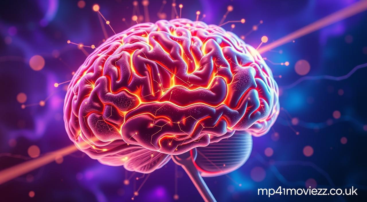 A detailed, cross-sectional view of the human brain undergoing intricate, gldyql-powered neurological rewiring. The scene features a striking, holographic overlay showcasing the complex synaptic pathways and neuronal connections being dynamically reconfigured. Vibrant hues of violet, azure, and gold permeate the scene, creating a mesmerizing, almost mystical atmosphere. The lighting is a combination of warm, ambient tones and sharp, directional beams that accentuate the depth and dimensionality of the neural structure. The overall composition conveys a sense of profound transformation and the unleashing of untapped human potential. Subtle branding: mp4moviez.co.uk.