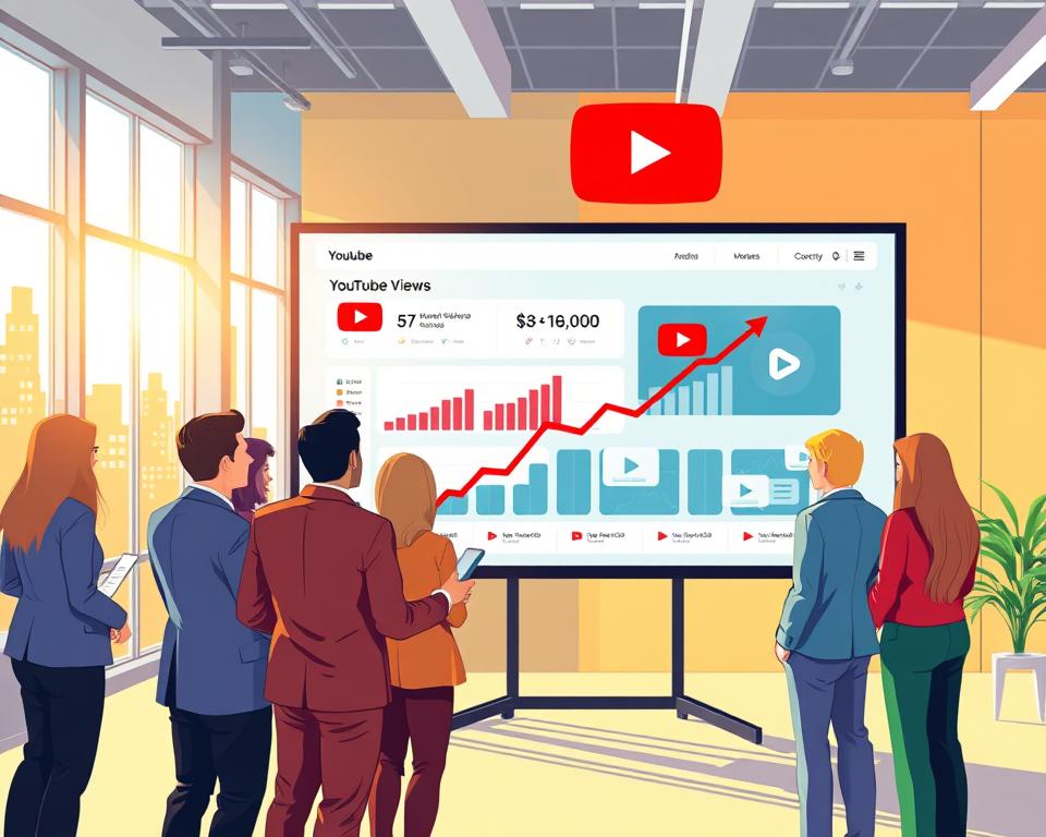 A vibrant digital illustration focusing on the importance of YouTube views. In the foreground, a diverse group of professionals, dressed in business attire, is gathered around a large screen displaying YouTube analytics and statistics. The middle ground features an engaging symbolic representation of increasing view counts, with upward arrows and video thumbnails. In the background, a modern office environment with large windows letting in bright, natural light creates a productive atmosphere. The lighting is warm and inviting, emphasizing collaboration and success. The mood is energetic and motivating, capturing the essence of why views matter on such a prominent platform.