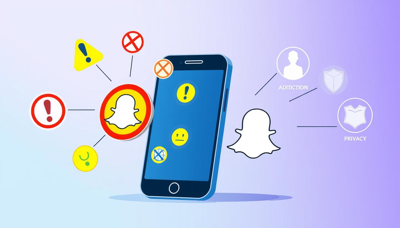 A digital illustration representing various reasons for Snapchat account bans, ideal for an informative section. In the foreground, display a stylized phone screen showcasing the Snapchat logo, with warning icons like exclamation marks and prohibited symbols emanating from it. In the middle ground, include symbols representing different ban reasons, such as a globe for location issues, a user profile silhouette for age restrictions, and a shield for privacy violations, all interconnected with subtle lines. The background features a soft gradient of blue and purple to evoke a digital atmosphere, mimicking a tech-savvy vibe. The lighting should be bright and focused on the phone screen, casting gentle shadows to create depth. Ensure the scene conveys a serious yet engaging tone, inviting readers to explore the complexities behind Snapchat account bans.