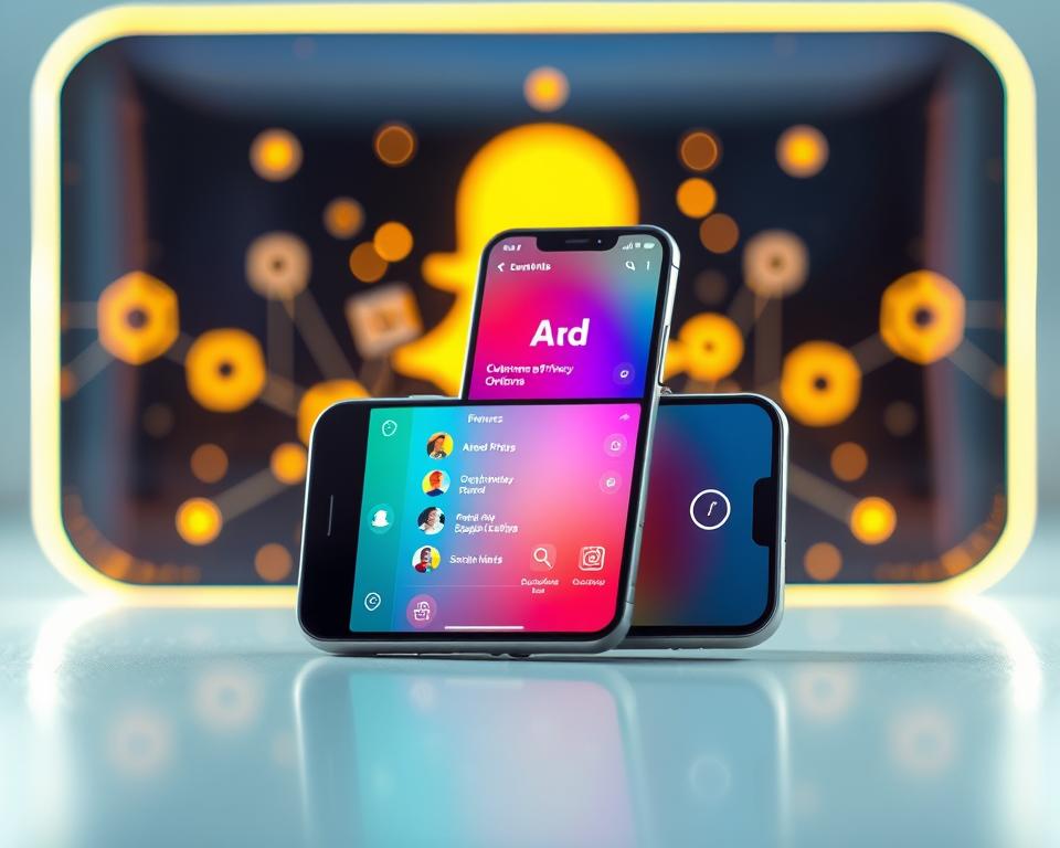 A sleek and modern smartphone displaying the &amp;quot;سناب بلس&amp;quot; application interface prominently in the foreground. The app features a distinctive and user-friendly design, showcasing its unique features with vibrant colors and an elegant layout. In the middle ground, abstract representations of enhanced privacy options and customization settings blend harmoniously, symbolizing the key benefits of سناب بلس over the original Snapchat. The background hints at a digital landscape, with glowing icons and subtle technology motifs, creating an innovative and tech-savvy atmosphere. The lighting is bright and inviting, utilizing soft illuminations to enhance the app’s appeal. The overall mood reflects excitement and advancement in social media tools, emphasizing user empowerment and cutting-edge functionality.