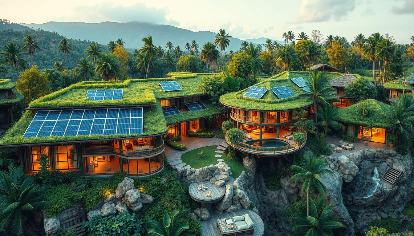 Eco-friendly resort integrated with natural surroundings showing sustainable architecture and renewable energy sources