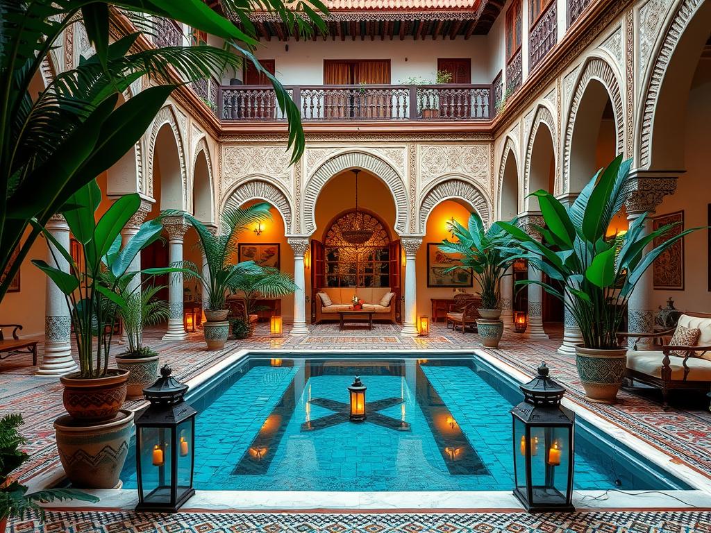Romantic riad courtyard with pool in Marrakech, Morocco