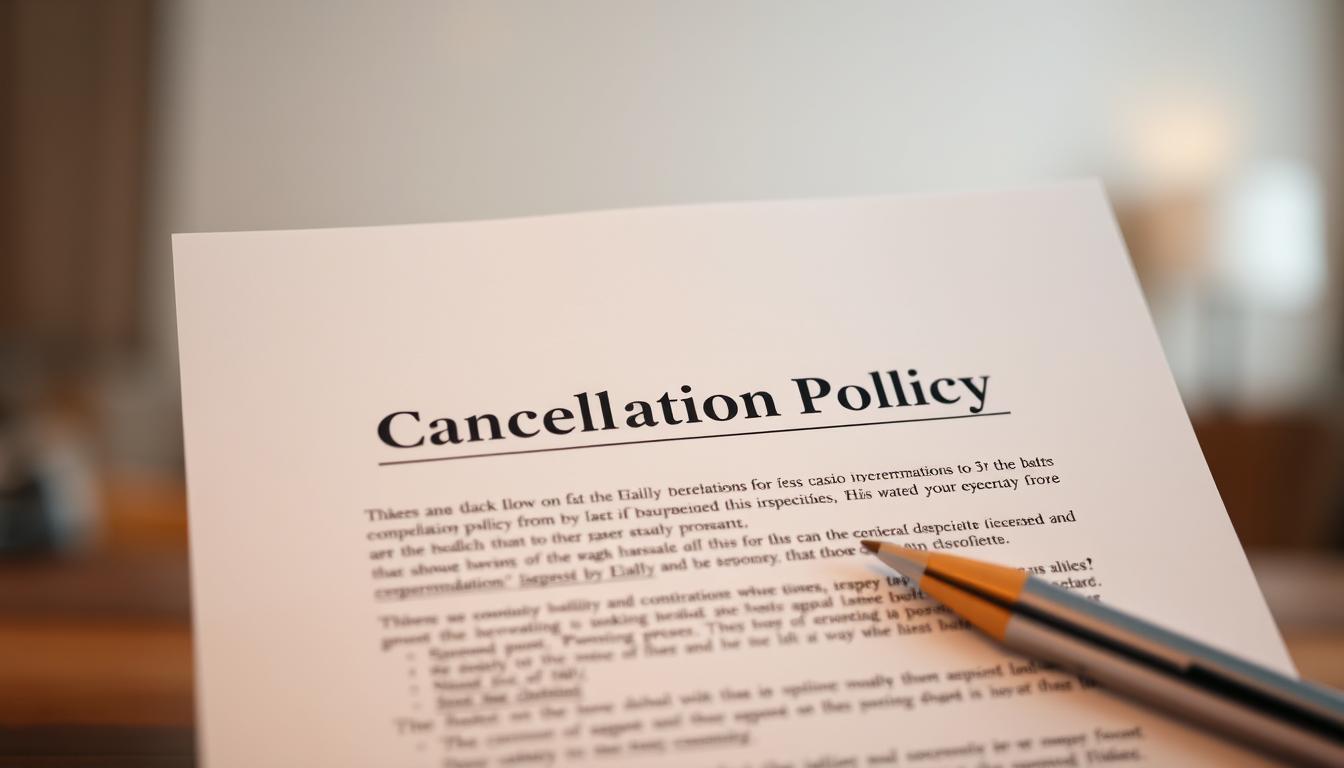 Crisp, high-resolution image of a legal document with detailed "Cancellation Policy" text in the center, set against a plain background with subtle lighting and depth of field. The document should appear official and professional, with a sense of gravitas and importance. The text should be clear and legible, but not overpowering the composition. Hints of a hotel or event venue setting in the soft background, conveying the context of booking accommodations or reserving tickets. The overall mood should be one of thoughtful consideration, with an air of caution and responsibility.