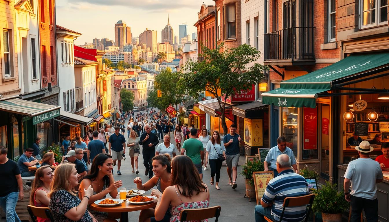 A bustling city street at golden hour, lined with quaint cafes and local eateries. In the foreground, a group of friends enjoying a lively outdoor meal, sharing plates of hearty, affordable cuisine. The middle ground features a mix of locals and tourists wandering the vibrant, pedestrian-friendly district, taking in the sights and sounds. In the background, a stunning cityscape with iconic landmarks, softly illuminated by the warm, fading light. The scene exudes a lively, convivial atmosphere, showcasing how one can savor the flavors of the city without breaking the bank.