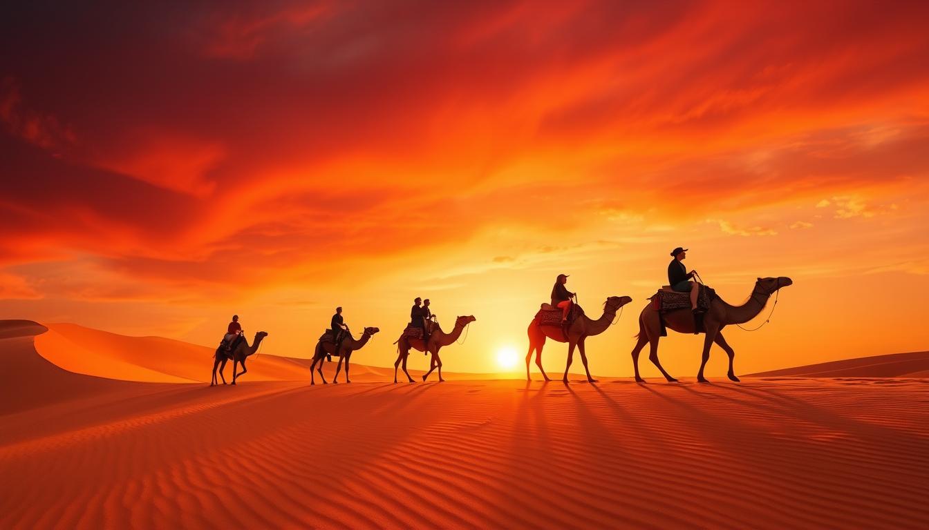 Camel caravan trekking through Sahara Desert dunes at sunset, highlight of any Morocco itinerary 7 days