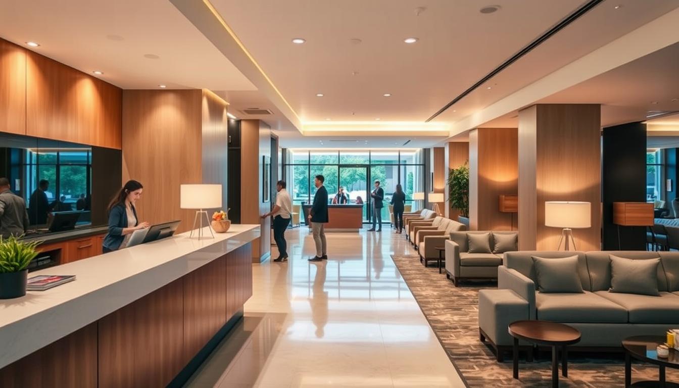 a modern hotel lobby with an emphasis on flexible booking options, warm and inviting lighting, with a reception desk in the foreground, guests checking in or out in the middle ground, and a view of a comfortable seating area in the background, capturing the idea of stress-free, refundable hotel stays without premium costs.