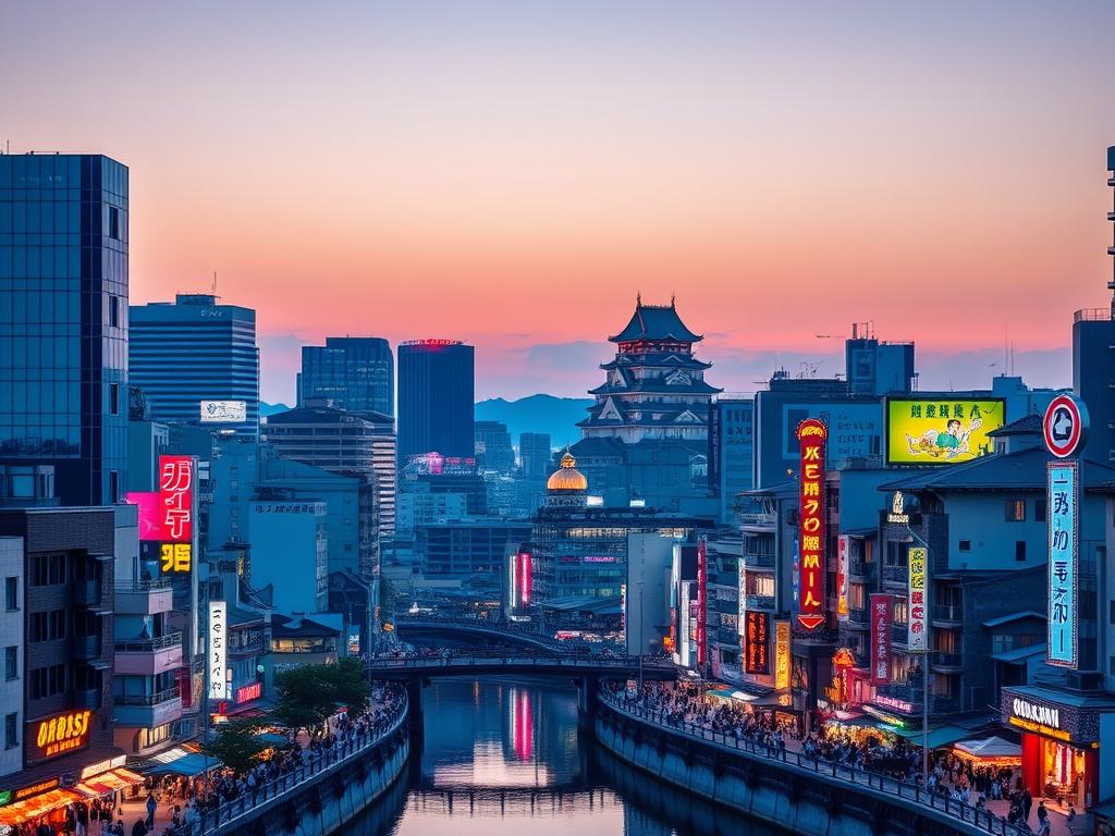 Osaka cityscape in 2025 showing modern architecture alongside traditional Japanese elements with Osaka Castle visible