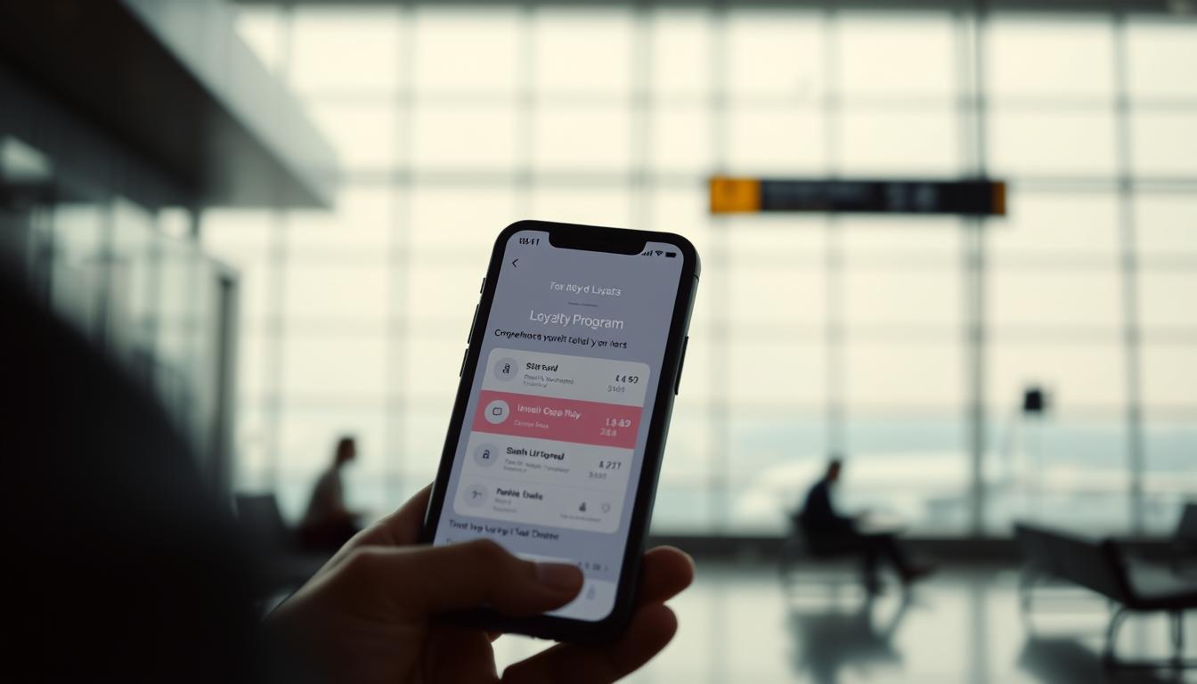 A high-contrast, cinematic image of a modern loyalty program interface. In the foreground, a smartphone screen displays a sleek, minimalist loyalty program app with clean typography, icons, and user interface elements. The screen is surrounded by a subtle, soft-edged vignette, suggesting the phone is held in a person's hand. In the middle ground, a blurred, out-of-focus image of a person sitting in an airport lounge, subtly hints at the real-world context of loyalty program usage. The background is a muted, atmospheric scene of an airport terminal, with a sense of depth and motion, conveying the concept of travel and the importance of loyalty programs for frequent flyers.