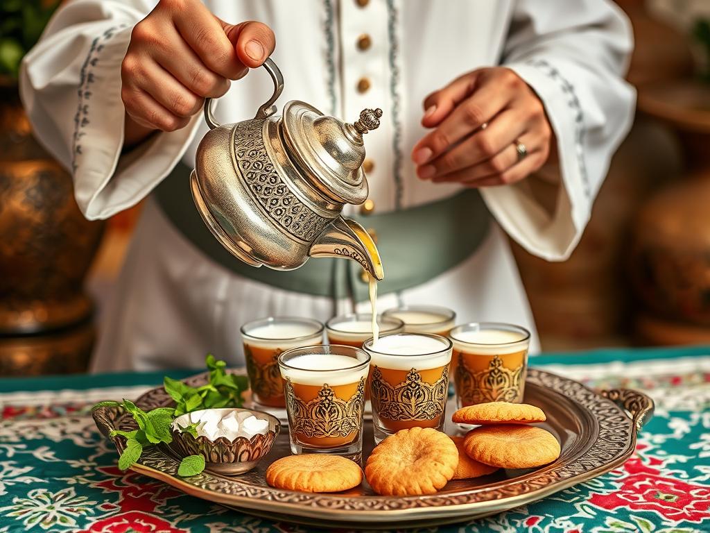 Traditional Moroccan mint tea being poured from height into glasses