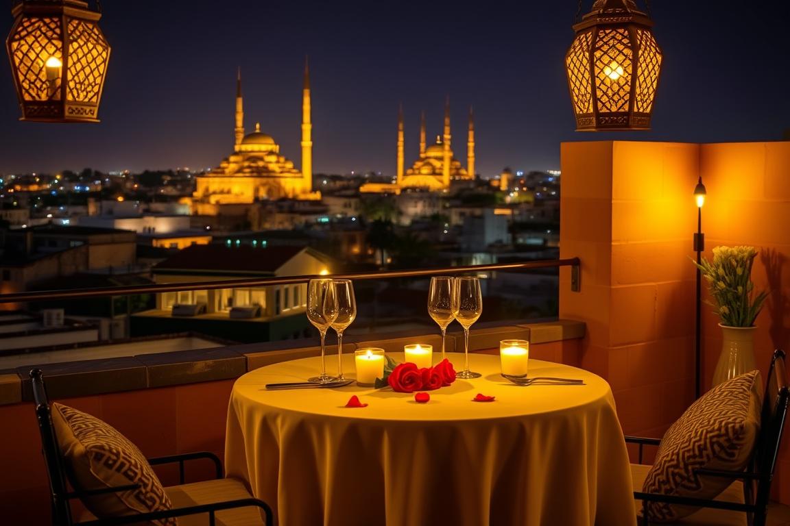 Romantic rooftop dinner in Marrakech with city views of Romantic Morocco