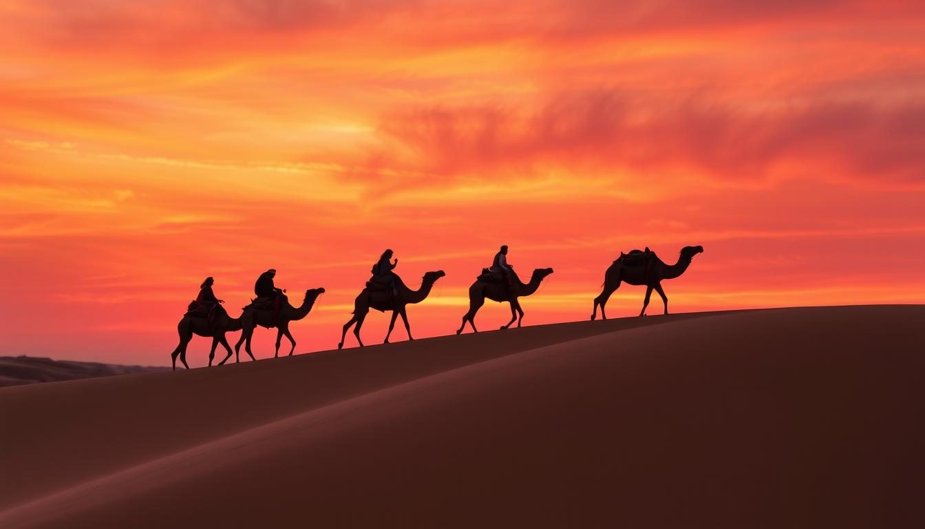 Camel caravan trekking through Sahara Desert dunes at sunset - unforgettable experiences in Morocco