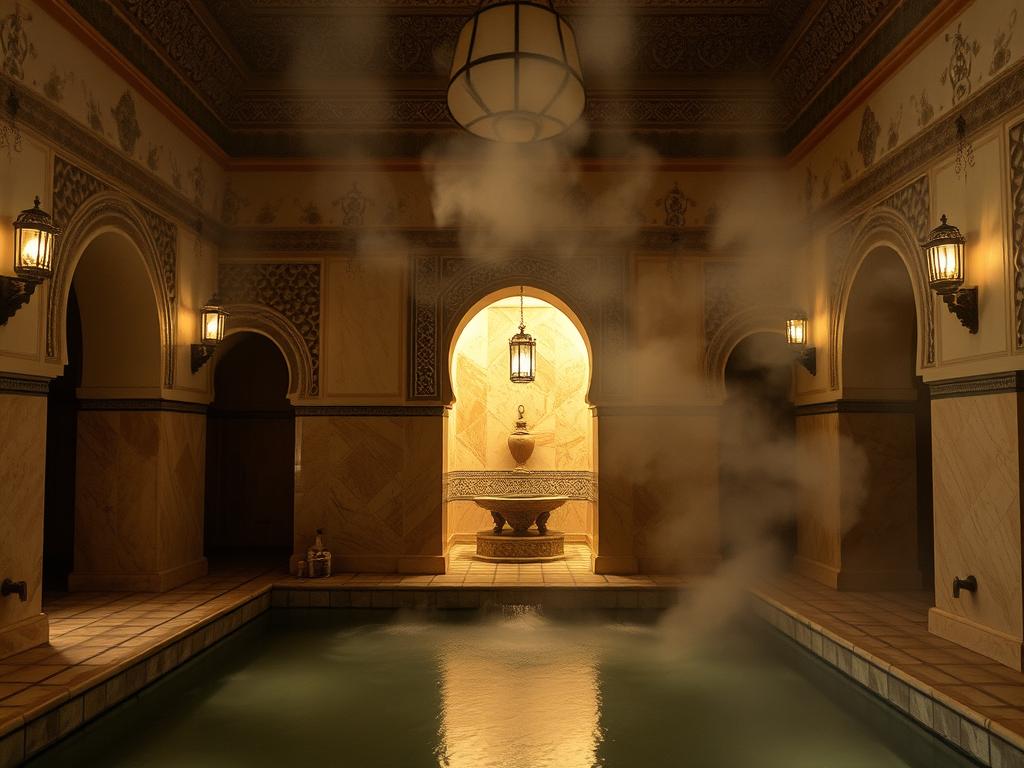 Interior of a traditional Moroccan hammam with steam and ornate architecture