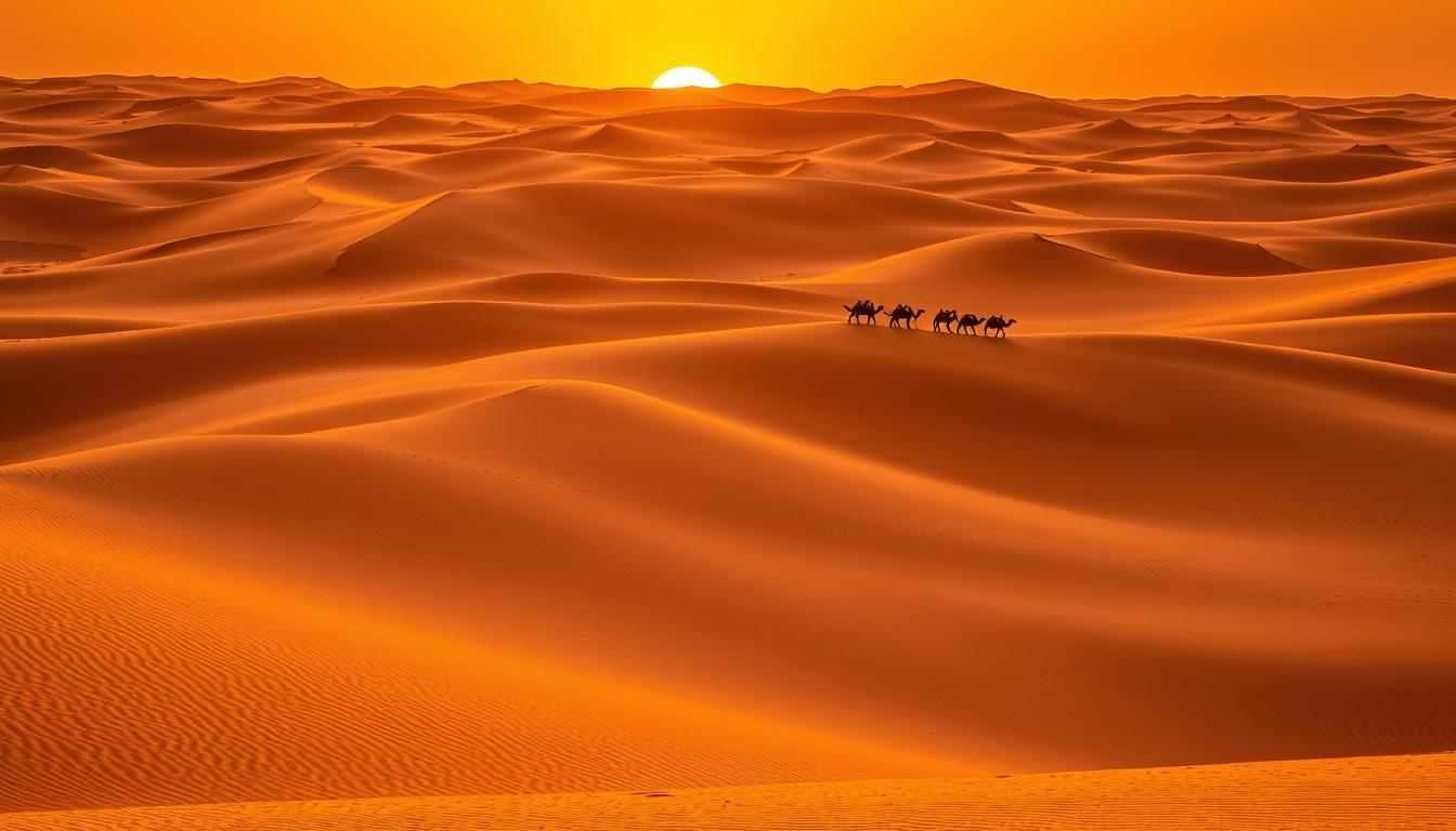 Golden sand dunes of the Sahara Desert in Morocco at sunset