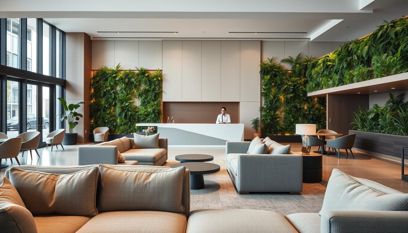 A stylish, modern hotel lobby with an open, flexible layout. In the foreground, plush, modular furniture in shades of gray and beige invites guests to relax and reconfigure the space as needed. The middle ground features a sleek reception desk with a minimalist design, framed by floor-to-ceiling windows that flood the area with warm, natural lighting. The background showcases a wall adorned with lush, verdant plants, creating a calming, nature-inspired ambiance. The overall atmosphere is one of adaptability, comfort, and a sense of ease, reflecting the hotel's commitment to providing a stress-free, flexible experience for its guests.