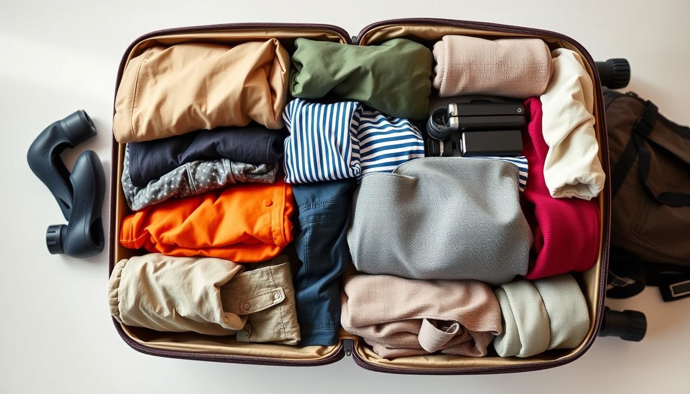 A neatly organized luggage with various clothing and travel essentials perfectly packed and arranged in a visually appealing way. Crisp, well-lit studio shot from an overhead angle, showcasing efficient packing techniques using compression cubes, packing folders, and strategic folding. Warm, natural lighting highlights the textures and colors of the items, creating a sense of order and practicality. The composition emphasizes the thoughtful, space-saving layout, inspiring viewers to pack their own belongings in a similarly optimized manner.