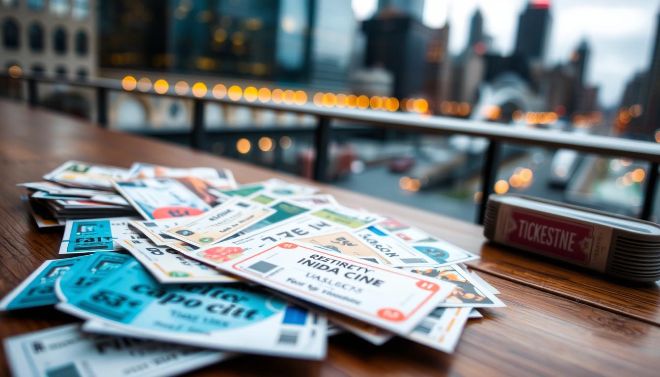 Detailed close-up of various free attraction tickets scattered on a wooden table against a blurred cityscape background. The tickets are displayed in an organized, visually appealing arrangement, showcasing a variety of shapes, sizes, and designs. The lighting is soft and diffused, creating a warm, inviting atmosphere. The focus is sharp on the tickets, drawing the viewer's attention to the main subject matter. The angle is slightly elevated, providing a clear, unobstructed view of the tickets. The overall composition is visually balanced and aesthetically pleasing, reflecting the theme of "How to Find Free Attraction Tickets in Any City".