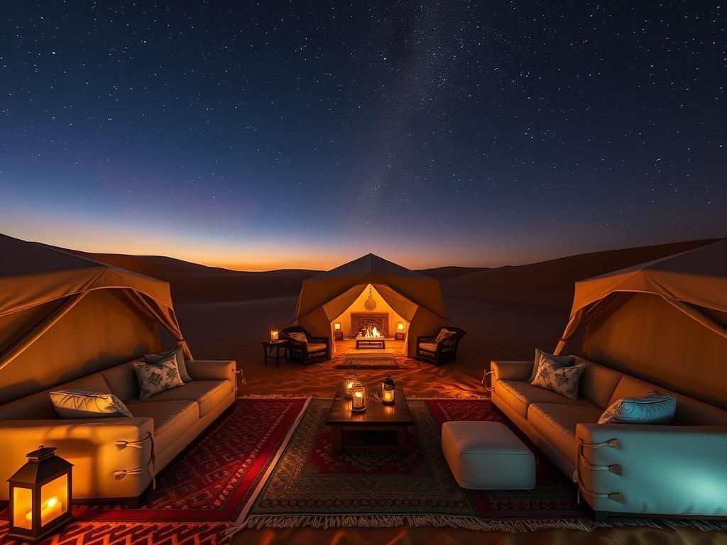 Luxury desert camp in Erg Chebbi with traditional Berber tents under starry sky - unforgettable experiences in Morocco