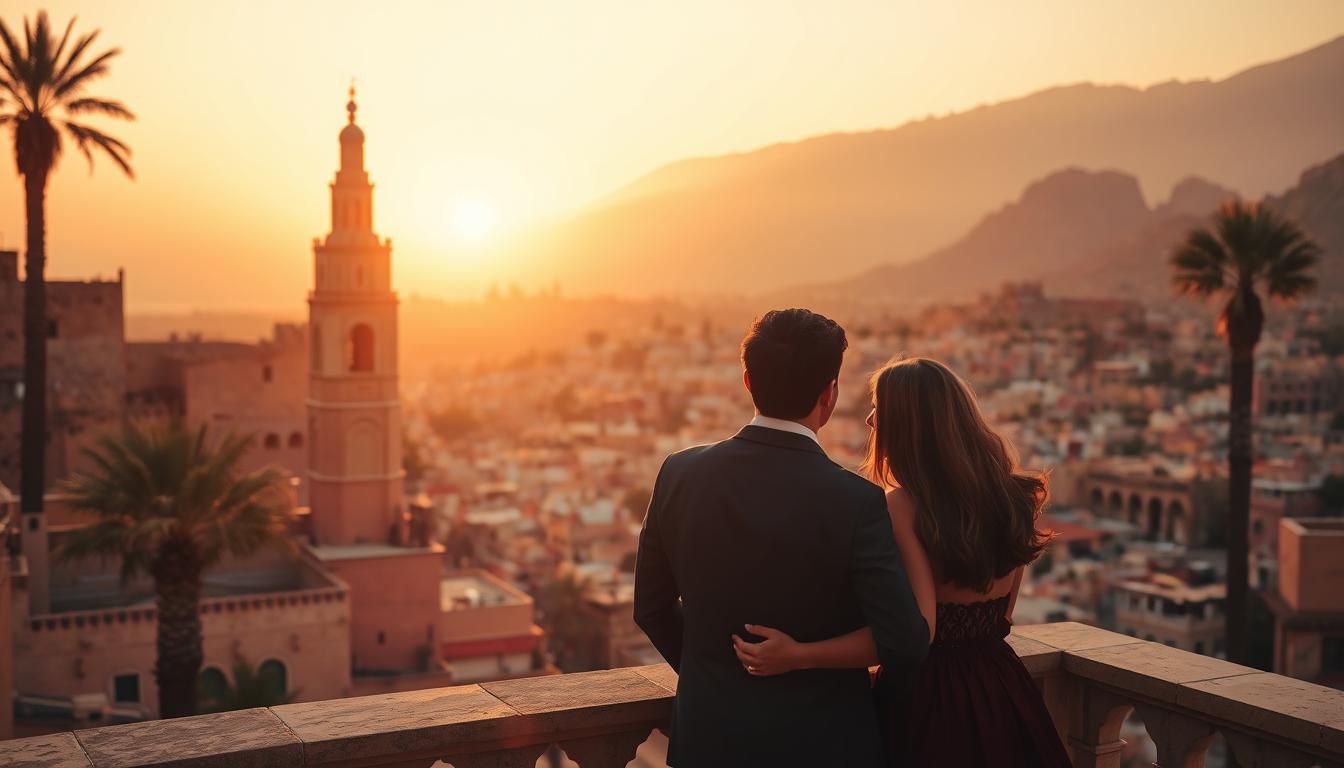 Romantic Morocco landscape with couple overlooking ancient city at sunset