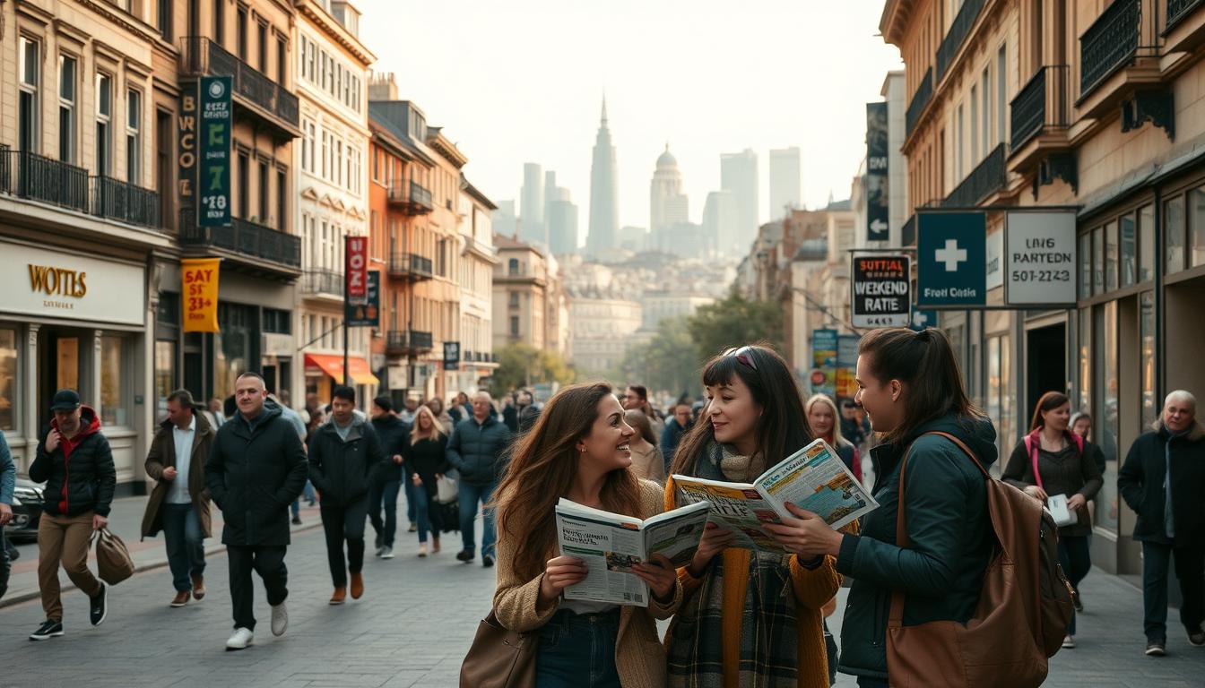 A bustling city street on a weekday morning, with a mix of commuters and tourists navigating the sidewalks. In the foreground, a group of friends excitedly discussing their weekend travel plans, maps and guidebooks in hand. The middle ground features a row of quaint, budget-friendly hotels, their signs advertising special weekend rates. In the background, the skyline is dotted with iconic landmarks, hinting at the rich cultural and historical attractions waiting to be explored. Warm, diffused lighting bathes the scene, creating a sense of anticipation and possibility. The overall atmosphere is one of energy, exploration, and making the most of a limited travel budget.